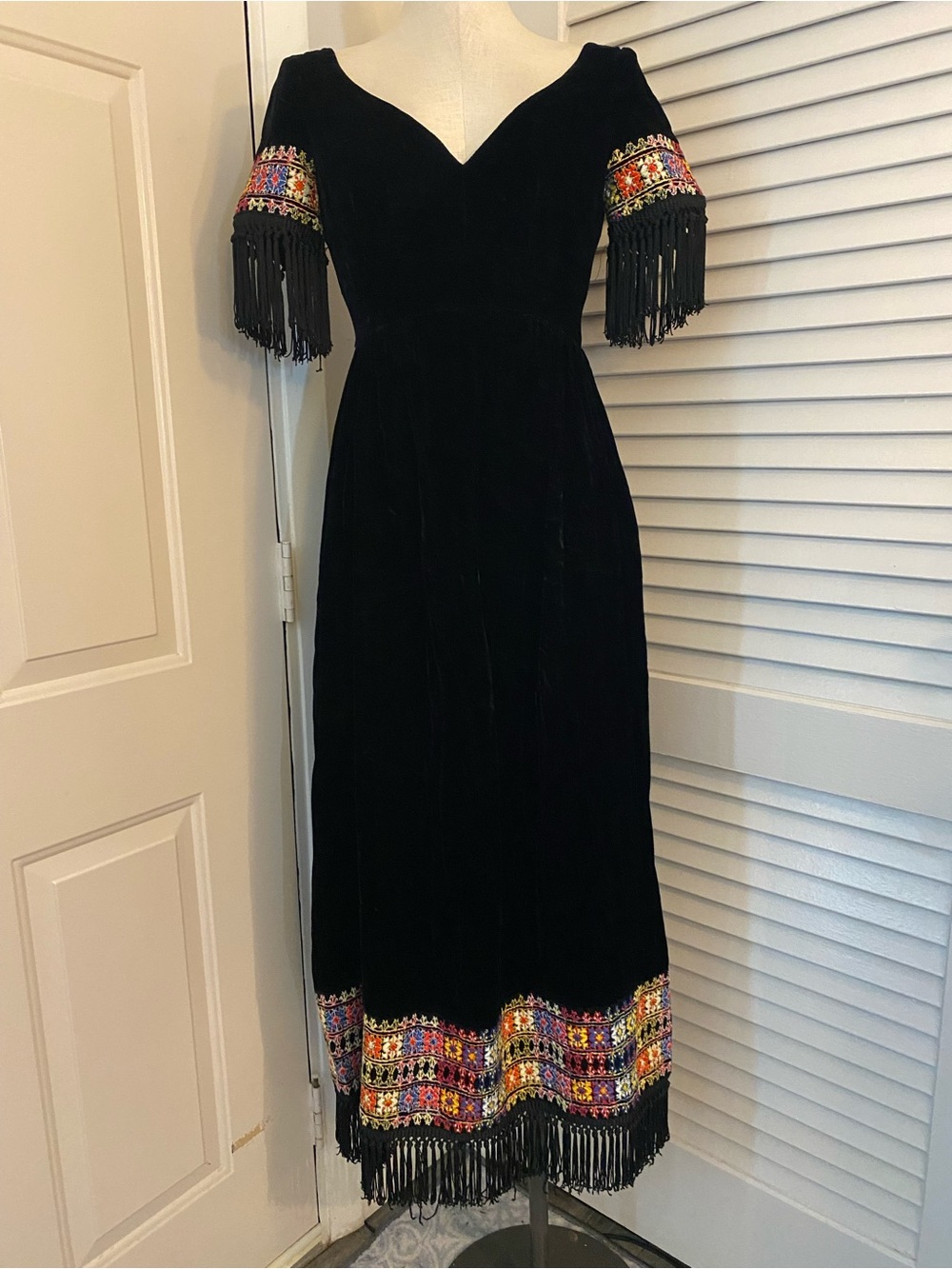 Vintage 70’s “Sandine Originals” Black Velvet Embroidered & Fringe Dress-Size XS